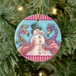 PINK FLAMINGO SNOWMAN, FUNNY CHRISTMAS BIRDS KERAMISCH ORNAMENT<br><div class="desc">FLAMINGOS MAKEN PINK SNOWMEN. CHRISTMAS ORNAMENT FOR FLAMINGO LOVERS! Ronde,  roze strepen * Aanpassen ... .Zoek overeenkomende items Susan Brack-Design</div>