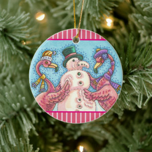 PINK FLAMINGO SNOWMAN, FUNNY CHRISTMAS BIRDS KERAMISCH ORNAMENT