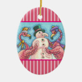 PINK FLAMINGO SNOWMAN, FUNNY CHRISTMAS BIRDS KERAMISCH ORNAMENT (Voorkant)