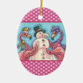 PINK FLAMINGO SNOWMAN, FUNNY CHRISTMAS SNEBIRD KERAMISCH ORNAMENT (Voorkant)