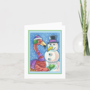 PINK FLAMINGO SNOWMAN HOLIDAY GREETCARD Blank Feestdagen Kaart