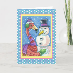 PINK FLAMINGO SNOWMAN HOLIDAY GREETCARD Verse Feestdagen Kaart