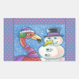 PINK FLAMINGO SNOWMAN KERST STICKERS Rechthoek