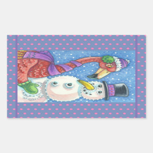 PINK FLAMINGO SNOWMAN KERST STICKERS Rechthoek