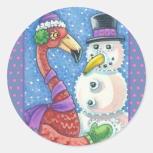 PINK FLAMINGO SNOWMAN, KERST STICKERS Ronde