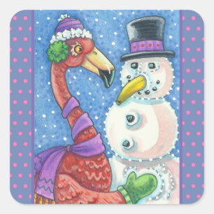PINK FLAMINGO SNOWMAN, KERST STICKERS Square