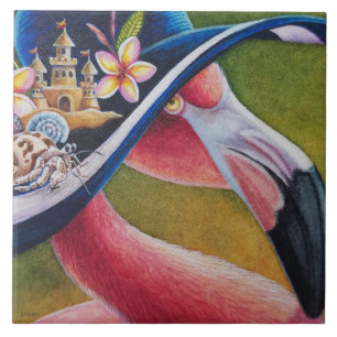 Pink Flamingo Sun Pet Hermit Crab Waterverf Art  Tegeltje
