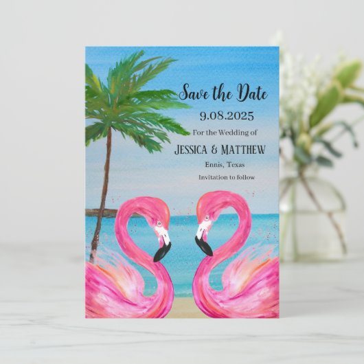 Pink Flamingo Tropical Beach Weddenschap Kaart (Staand voorkant)