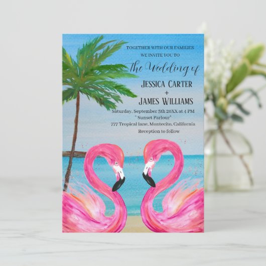 Pink Flamingo Tropical Beach Weddenschap Kaart (Staand voorkant)