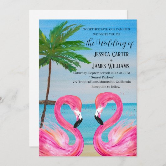 Pink Flamingo Tropical Beach Weddenschap Kaart (Voorkant / Achterkant)