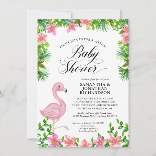 Pink Flamingo Tropical Flowers Virtual Baby shower Kaart (Voorkant)