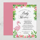 Pink Flamingo Tropical Flowers Virtual Baby shower Kaart (Voorkant / Achterkant)