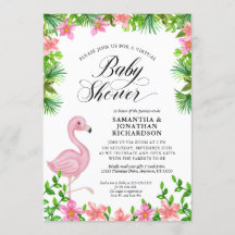 Pink Flamingo Tropical Flowers Virtual Baby shower