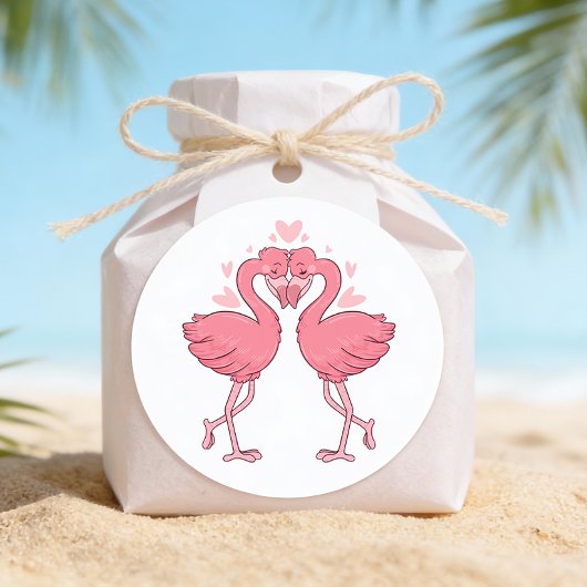 Pink Flamingo Tropical Hawaiian Beach Wedding Ronde Sticker