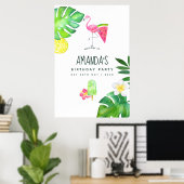 Pink Flamingo Tropical Waterverf Summer Birthday Poster (Thuiskantoor)