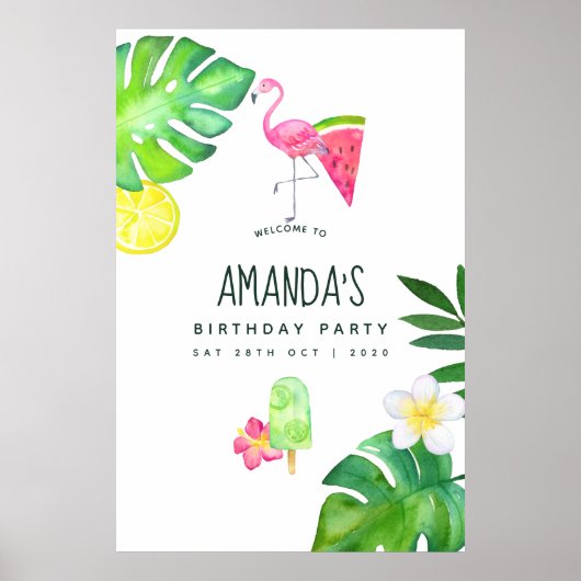 Pink Flamingo Tropical Waterverf Summer Birthday Poster (Voorkant)