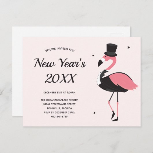 Pink Flamingo Tuxedo New Years Party Uitnodiging Briefkaart (Voorkant / Achterkant)
