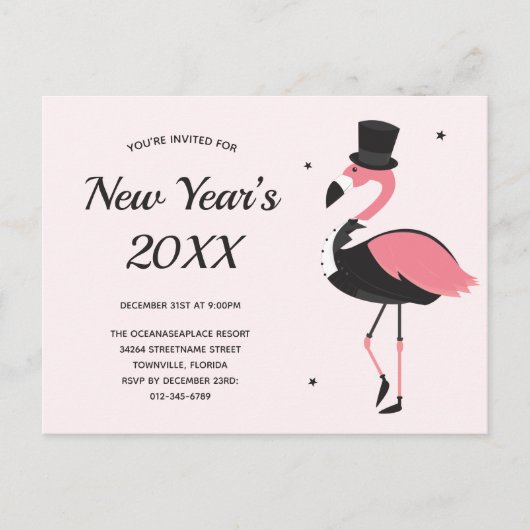 Pink Flamingo Tuxedo New Years Party Uitnodiging Briefkaart (Voorkant)