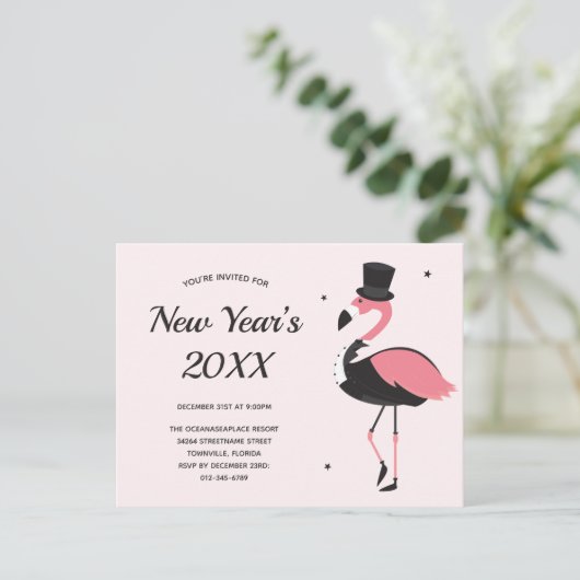 Pink Flamingo Tuxedo New Years Party Uitnodiging Briefkaart (Staand voorkant)