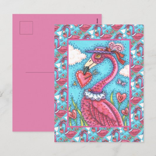 PINK FLAMINGO VALENTIJN HEARTS, LIVE BIRD WHIMSY FEESTDAGENKAART (Voorkant / Achterkant)