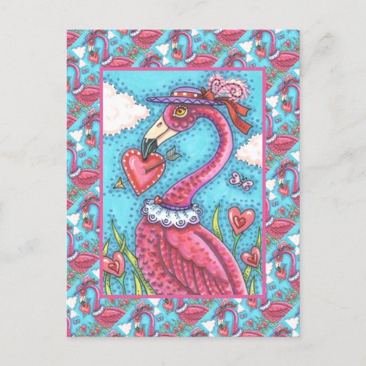 PINK FLAMINGO VALENTIJN HEARTS, LIVE BIRD WHIMSY FEESTDAGENKAART (Voorkant)