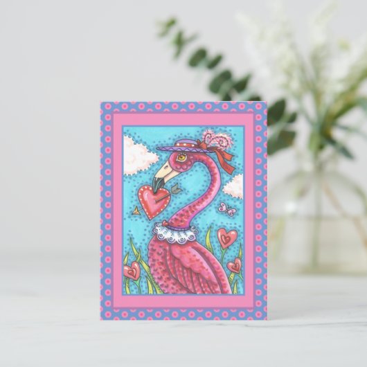 PINK FLAMINGO VALENTIJN HEARTS, LIVE BIRD WHIMSY FEESTDAGENKAART (Staand voorkant)