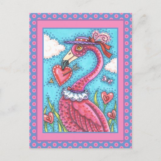 PINK FLAMINGO VALENTIJN HEARTS, LIVE BIRD WHIMSY FEESTDAGENKAART (Voorkant)