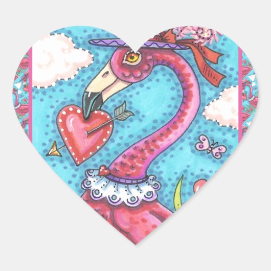 PINK FLAMINGO VALENTIJN HEARTS, LIVE BIRD WHIMSY HART STICKER (Voorkant)