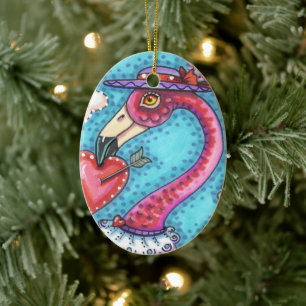 PINK FLAMINGO VALENTIJN HEARTS, LIVE BIRD WHIMSY KERAMISCH ORNAMENT