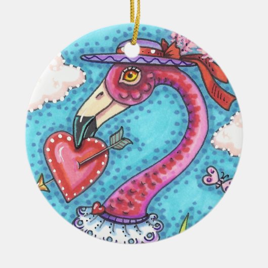 PINK FLAMINGO VALENTIJN HEARTS, LIVE BIRD WHIMSY KERAMISCH ORNAMENT (Voorkant)