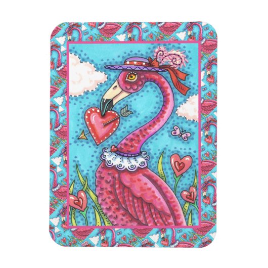 PINK FLAMINGO VALENTIJN HEARTS, LIVE BIRD WHIMSY MAGNEET (Verticaal)