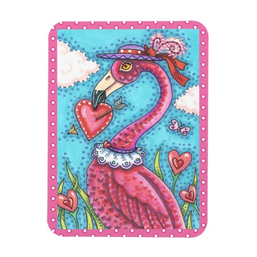PINK FLAMINGO VALENTIJN HEARTS, LIVE BIRD WHIMSY MAGNEET (Verticaal)