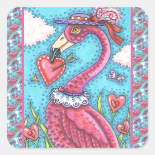 PINK FLAMINGO VALENTIJN HEARTS, LIVE BIRD WHIMSY VIERKANTE STICKER