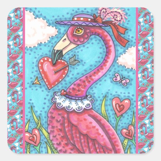 PINK FLAMINGO VALENTIJN HEARTS, LIVE BIRD WHIMSY VIERKANTE STICKER (Voorkant)