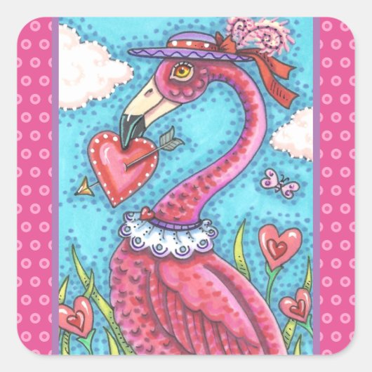 PINK FLAMINGO VALENTIJN HEARTS, LIVE BIRD WHIMSY VIERKANTE STICKER (Voorkant)