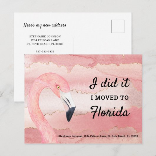 Pink Flamingo Waterverf Clouds Ik ben verhuisd naa Aankondigingskaart (Voorkant / Achterkant)