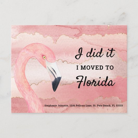 Pink Flamingo Waterverf Clouds Ik ben verhuisd naa Aankondigingskaart (Voorkant)