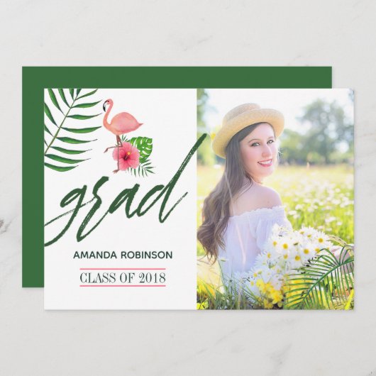 Pink Flamingo Waterverf Luau Afstudeerder Aankondi Aankondiging (Voorkant / Achterkant)