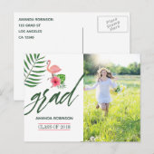 Pink Flamingo Waterverf Luau Afstudeerder Aankondi Aankondigingskaart (Voorkant / Achterkant)