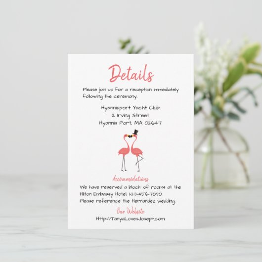 Pink Flamingo Wedding Details Tropische zomer Luau Kaart (Staand voorkant)