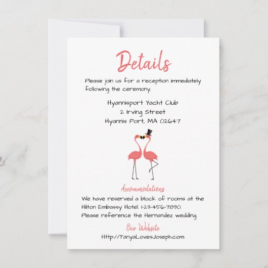Pink Flamingo Wedding Details Tropische zomer Luau Kaart (Voorkant)