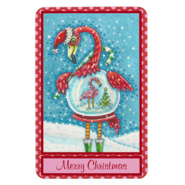 PINK FLAMINGO WHITE CHRISTMAS SNEE WERELDBOL MAGNE MAGNEET