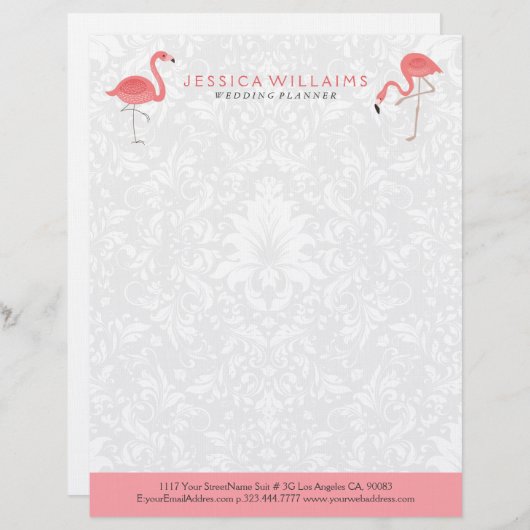 Pink Flamingo White Damasks Background Gepersonaliseerd Briefhoofd (Voorkant / Achterkant)