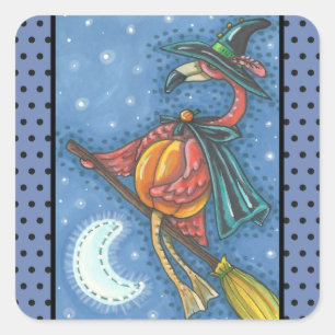 PINK FLAMINGO WITCH, HALLOWEEN STICKER Squ.