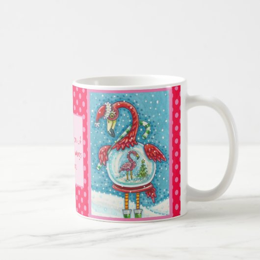 PINK FLAMINGO, WITTE CHRISTMAS SNEEUW WERELDBOL MO KOFFIEMOK (Rechts)