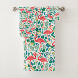 Pink Flamingos and Tropical Flowers Pattern Bad Handdoek