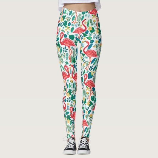 Pink Flamingos and Tropical Flowers Pattern Leggings (Voorkant)