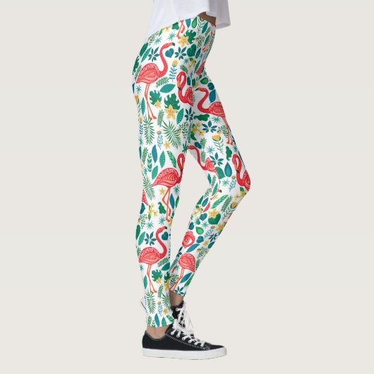 Pink Flamingos and Tropical Flowers Pattern Leggings (Rechts)