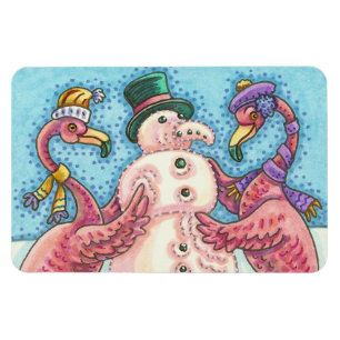 PINK FLAMINGOS BOUWSNOWMAN, CHRISTMAS MAGNET MAGNEET