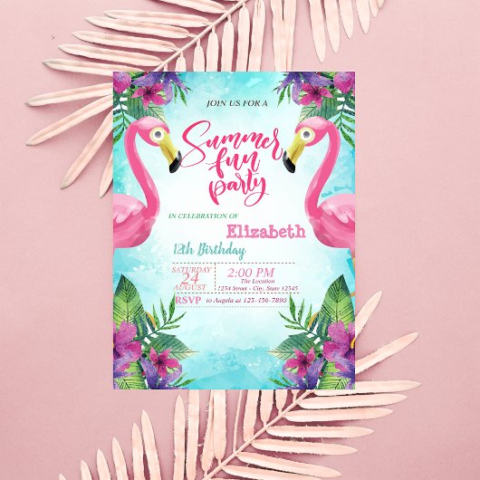 Pink Flamingos Flowers Summer Birthday Party Kaart